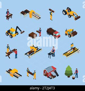 Sawmill isometric icons set of woodworking machinery working loggers and vehicles for timber transportation isolated vector illustration Stock Vector