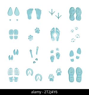 Ice blue color footprints on white background set with imprints of various footwear and paws vector illustration Stock Vector