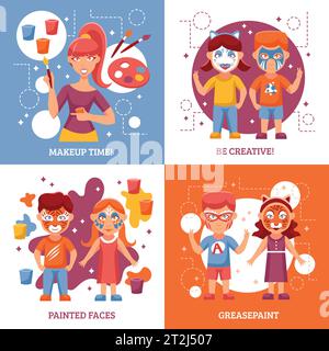 Children With Painted Faces Concept. Party With Greasepaint Vector Illustration. Painted Faces Flat Icons Set. Greasepaint For Kids Design Set. Makeup Stock Vector