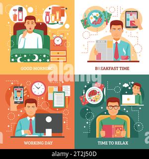 Man daily routine design concept four icon set that describe how a person spends his day vector illustration Stock Vector