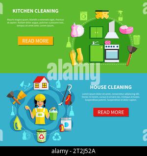 Cleaning horizontal banners set with professional house washing equipment with editable text and read more button vector illustration Stock Vector