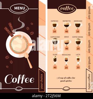 Coffee menu design for coffeehouse restaurant cafe or bar with names of coffee types plate and cigars flat vector illustration Stock Vector