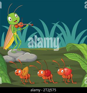 Cartoon ant and grasshopper in the garden Stock Vector