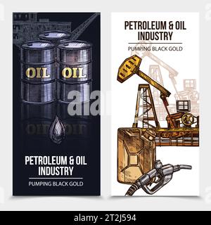 Oil industry vertical banners with rig tanks canister icons and pumping black gold description vector illustration Stock Vector
