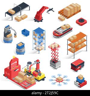 Automatic logistics warehouse robots isolated isometric icons set with material handling conveyor lifters drones shelves manipulators vector illustrat Stock Vector