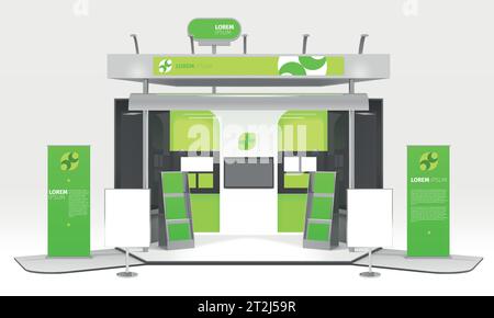 Advertising exhibition colorful dummy box realistic 3d design composition with infographic stands promo posters and highlighting vector illustration Stock Vector