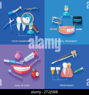 Flat 2x dentist icons set with teeth examination dental treatment care and prosthesis isolated vector illustration Stock Vector