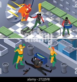 Superhero And Robbery Isometric Concept. Superheroes Horizontal Banners. Superhero Vector Illustration. Superhero And Bank Robbery Set. Superhero Savi Stock Vector