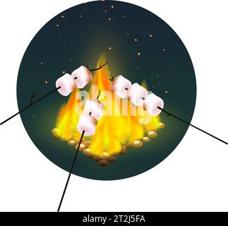 Round design with roasting of marshmallows on bonfire in evening on white background vector illustration Stock Vector