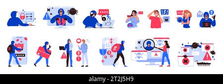 Hacker crime flat icons set with cyber security symbols isolated vector illustration Stock Vector