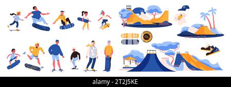 Skater icons set with skates and longboards isolated vector illustration Stock Vector