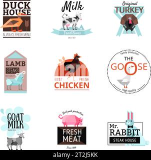 Colorful geometric food logo set offering best quality meat and milk isolated on white background flat vector illustration Stock Vector