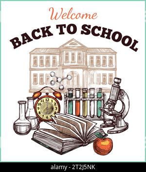 Back to school poster with colorful tools for studying and school in the background with blue frame sketch hand drawn vector illustration Stock Vector