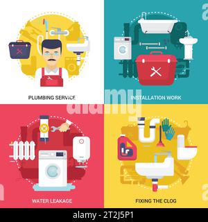Clogged drains cleaning and installations plumbing service concept  4 flat icons square design abstract isolated vector illustration Stock Vector