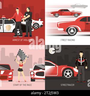 Street car public roads racing concept 4 flat icons square banner with violater arrest abstract vector illustration Stock Vector