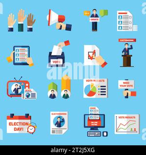 Elections and voting flat icons set of rating diagram candidate list tv news and vote result graphs isolated vector illustration Stock Vector