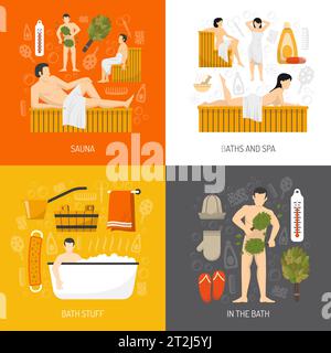 Bath sauna and mineral spa resort center concept 4 flat icons square composition poster abstract isolated vector illustration Stock Vector