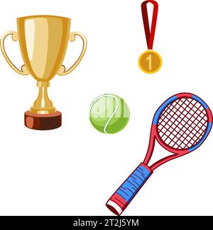 Tennis winner set. Cartoon set of tennis sport equipment. Vector design Stock Vector