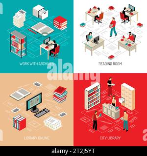 City library reading room with online archive and catalog access 4 isometric icons square abstract vector illustration Stock Vector