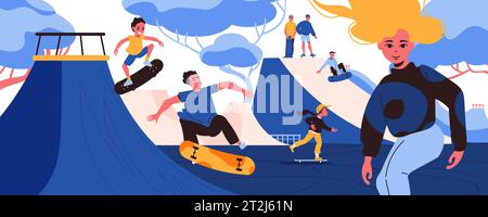 Skater flat concept with teenagers riding skates on ramp vector illustration Stock Vector