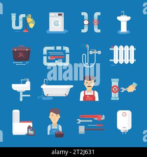 Plumber flat icons collection with toilet sink water heater on dark blue background abstract isolated vector illustration. Stock Vector