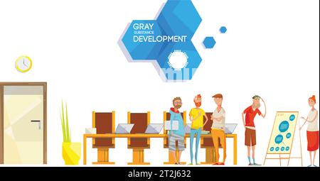 Flat composition with software engineering company project meeting in office with employee characters and corporate logo vector illustration Stock Vector