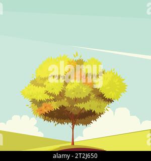 Autumn tree with root on field in sunny weather retro cartoon flat vector illustration Stock Vector