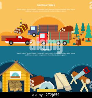 Two different flat and colored lumberjack banner set with shipping timber and sawmill headlines vector illustration Stock Vector