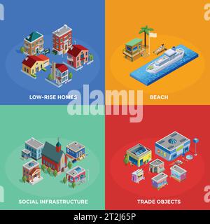 Isometric city 2x2 icons set with low-rise and historic buildings beach and trade objects on colorful background isolated vector illustration Stock Vector