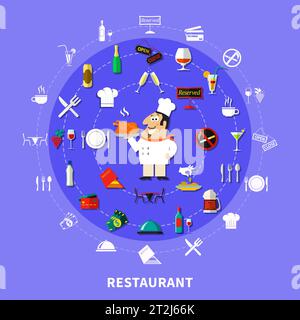 Restaurant circle composition with cartoon cook character surrounded by flat emoji icons dishes and pictogram signs vector illustration Stock Vector