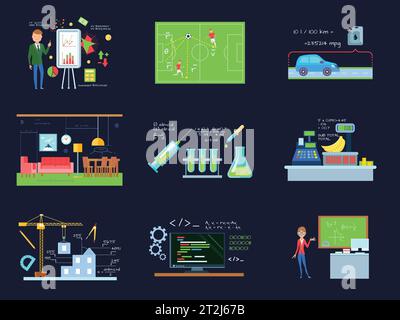 Set of isolated cartoon compositions with mathematics in education and industry flat images on dark background vector illustration Stock Vector