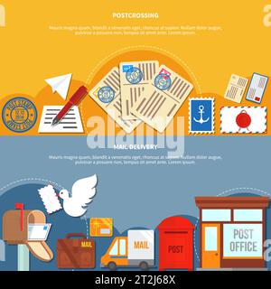 Postal services horizontal banners with postcrossing in yellow color mail delivery on grey background isolated vector illustration Stock Vector