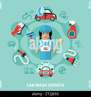 Car wash service round composition with worker character washing agents and professional cleaning tools flat images vector illustration Stock Vector