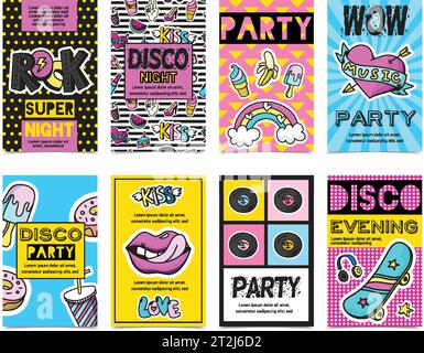 Colored stylish fashion patch badges banner set with disco night wow party disco evening descriptions vector illustration Stock Vector
