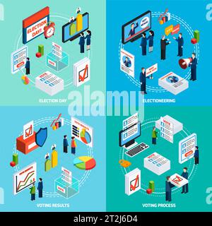 Elections and voting isometric 2x2 design concept with people busy in electioneering debate and voting process flat vector illustration Stock Vector