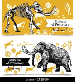 Horizontal welcome to museum of prehistory banners with sketch hand drawn mammoth and its skeleton on background with rock paintings isolated vector i Stock Vector