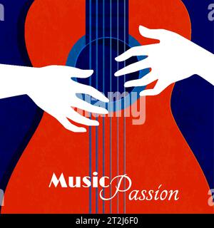 Music passion poster with red guitar silhouette on blue background and male hands on strings flat vector illustration Stock Vector