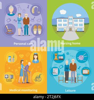 Nursing home 2x2 design concept with personal elderly care medical monitoring and pensioners leisure compositions flat vector illustration Stock Vector