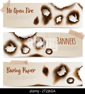 Set of horizontal paper banners with Burned edges and  burnt holes in realistic style vector  illustration Stock Vector