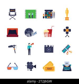 Filmmaking and movie watching attributes flat icons collection with camera film bobbin and 3d glasses isolated vector illustration Stock Vector