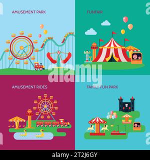 Amusement park concept icons set with amusement rides symbols flat isolated vector illustration Stock Vector