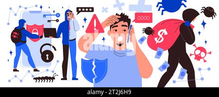 Cyber crime flat concept with hacker stealing money online vector illustration Stock Vector