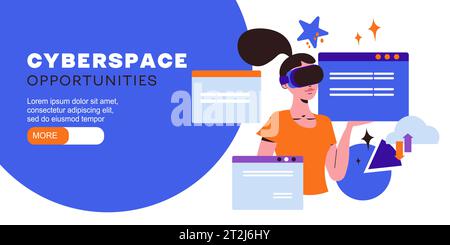 Cyberspace flat concept with woman in vr headset vector illustration Stock Vector