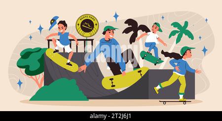 Skater flat concept with teenagers riding longboards on ramp vector illustration Stock Vector