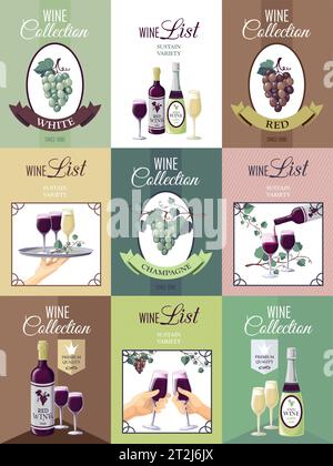 Set of nine wine posters for restaurant or bar menu with presentation of wine collection bunches of grapes vine glasses and bottles  vector illustrati Stock Vector