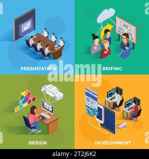 Isometric development 2x2 design concept set of designers and programmers on software presentation and new website briefing flat vector illustration Stock Vector