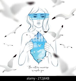 Abstract poster with sketch of beautiful woman opening her inner world shown like sky and gulls vector illustration Stock Vector