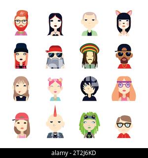 Subcultures and people icons set with hippie and hipster flat isolated vector illustration Stock Vector