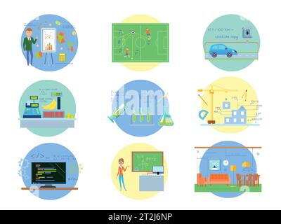 Eight round mathematics compositions set with using maths in different industries and real life with people vector illustration Stock Vector