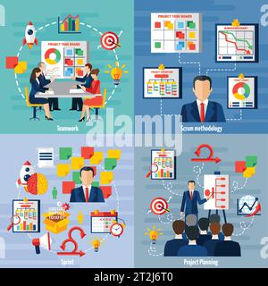 Scrum agile iterative flexible software development framework for teamwork 4 flat icons square composition abstract vector illustration Stock Vector
